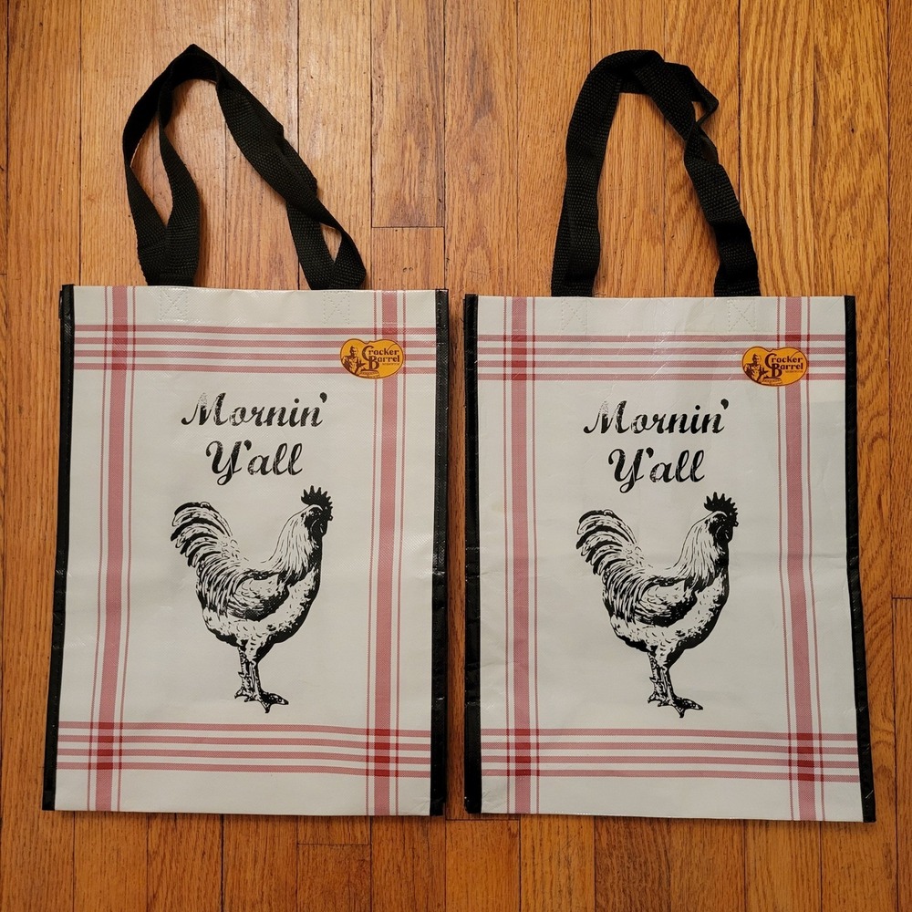 Cracker Barrel Reusable Shopping Bags Rooster Mornin Yall Plaid Set of 2 Gift